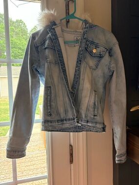 Light Wash Denim Jacket with Faux Fur Hood Trim